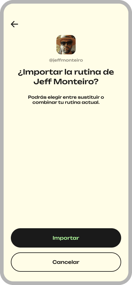 Consigo APP: Pantalla de Importación de Rutinas